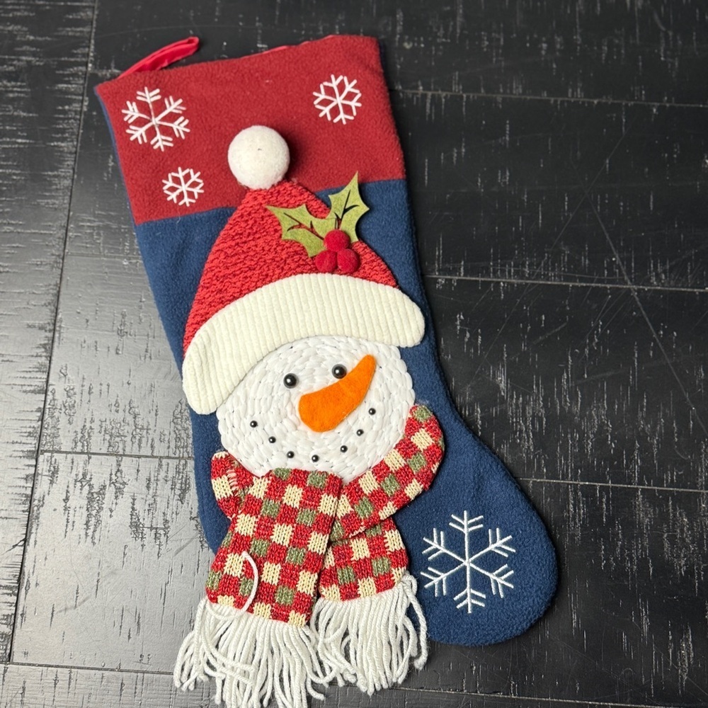 Christmas Stocking 3D Snowman w Scarf Pom Poms Corn Cob Pipe Chenille Felt Blue